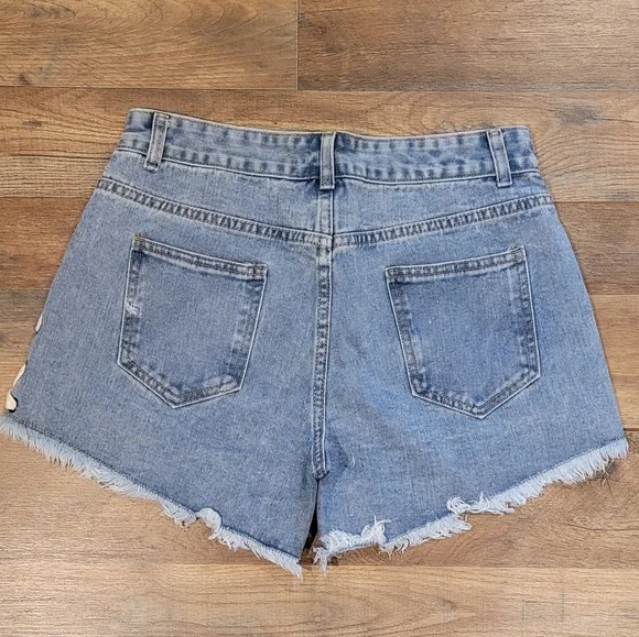 NWOT Vocal Distressed Lace Up Denim Shorts - Picture 3 of 7